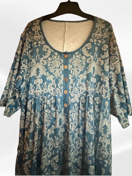 NWT Women's Boho Floral Maxi Dress 2X Teal Damask Print V-Neck Pockets - Picture 7 of 16